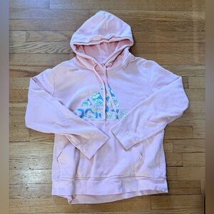 Adidas Pink Hoodie Women’s XL with broken aglet and small hole in pocket